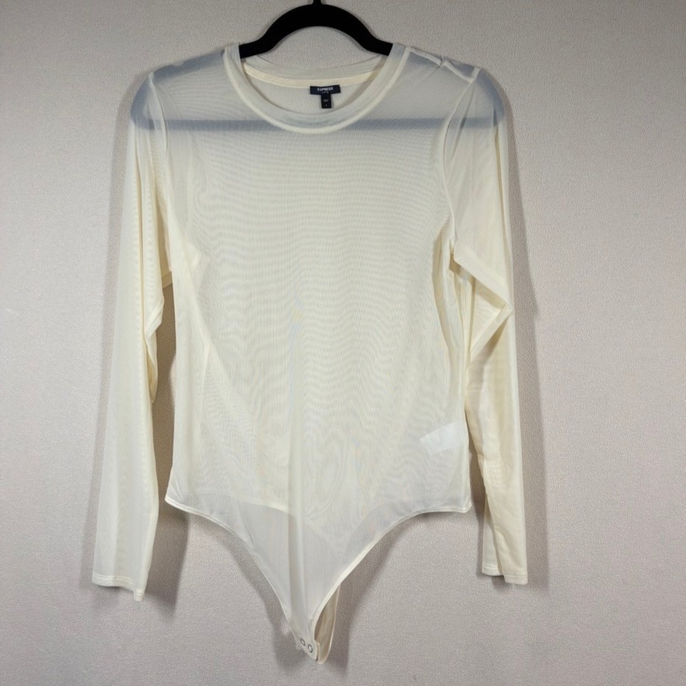 Express Womens‎ Sheer Mesh Long Sleeve Bodysuit Large Ivory Fairy Clubwear Layer